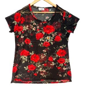 TMG Black Red‎ Rose Mesh Sheer Stretch Whimsigoth Floral Print Top Plus Size 1X